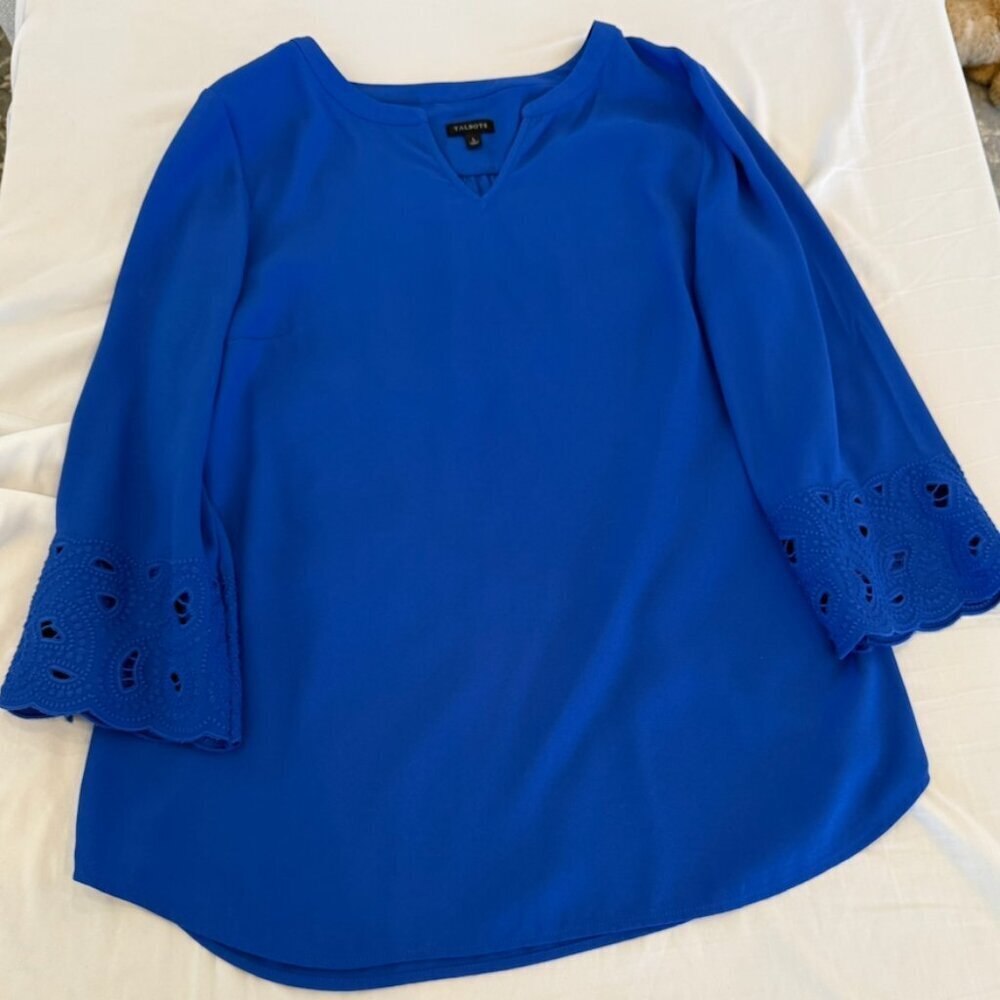 Talbots Royal Blue Blouse Large Eyelet Sleeve V Neck Top - Picture 5 of 6